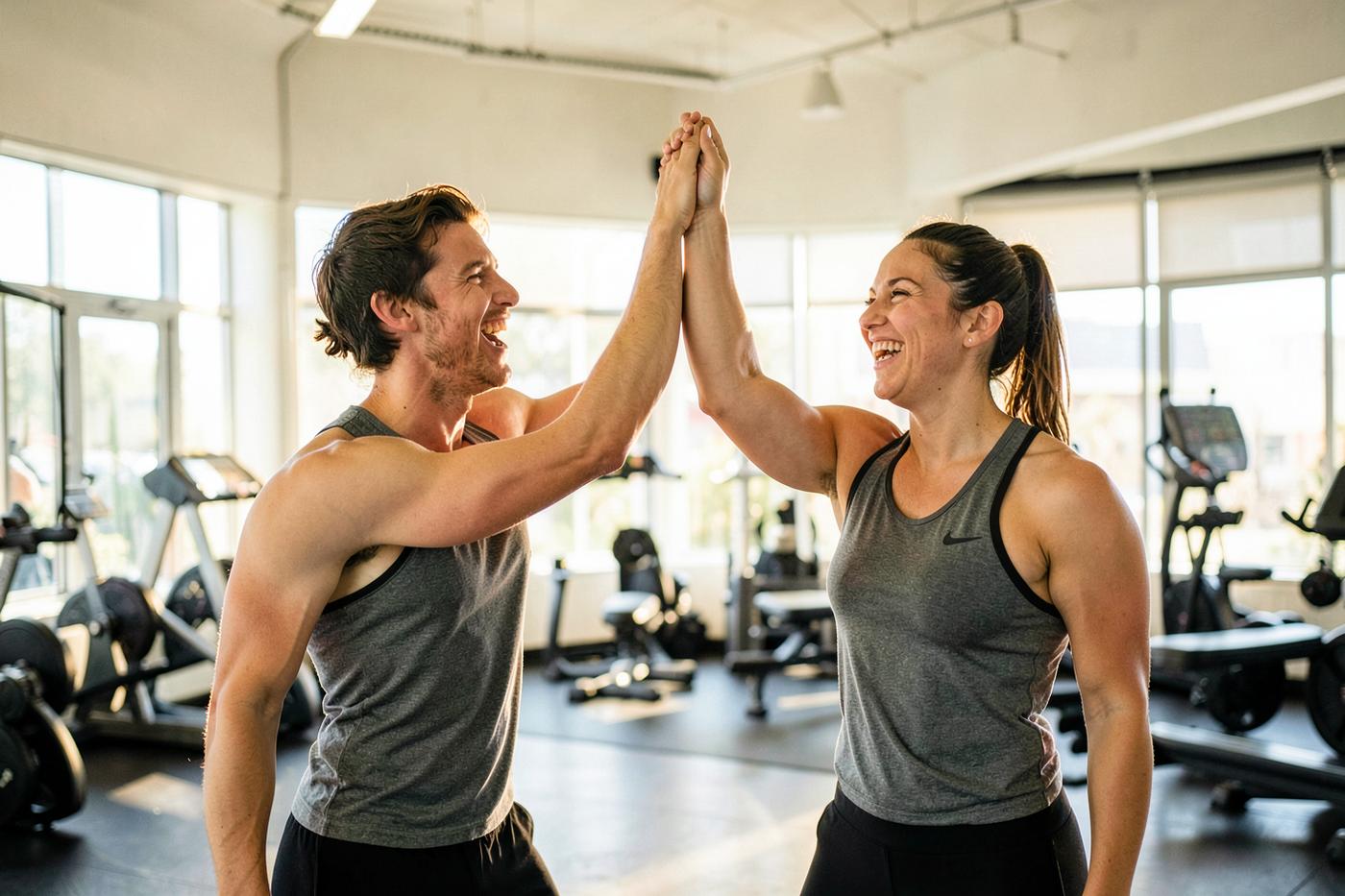 Twee sporters geven elkaar een high five in de sportschool