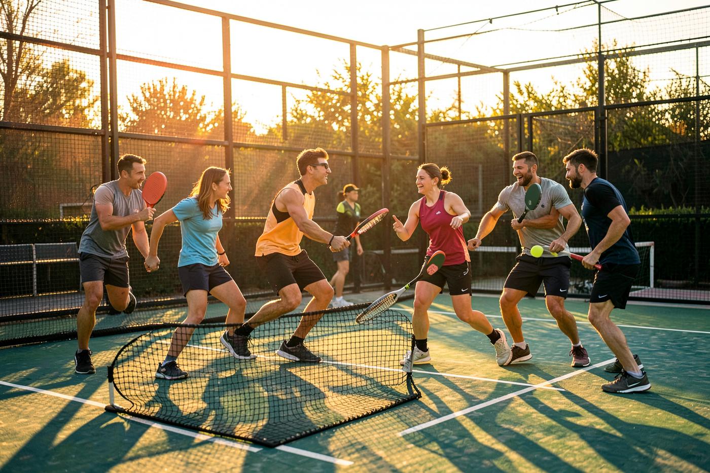 Vrienden spelen samen padel op een buitenbaan